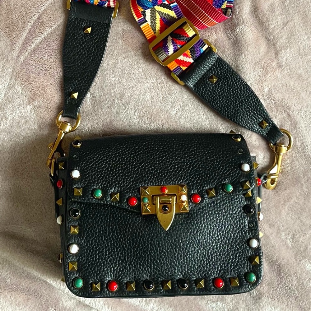 Black real leather handbag with studs